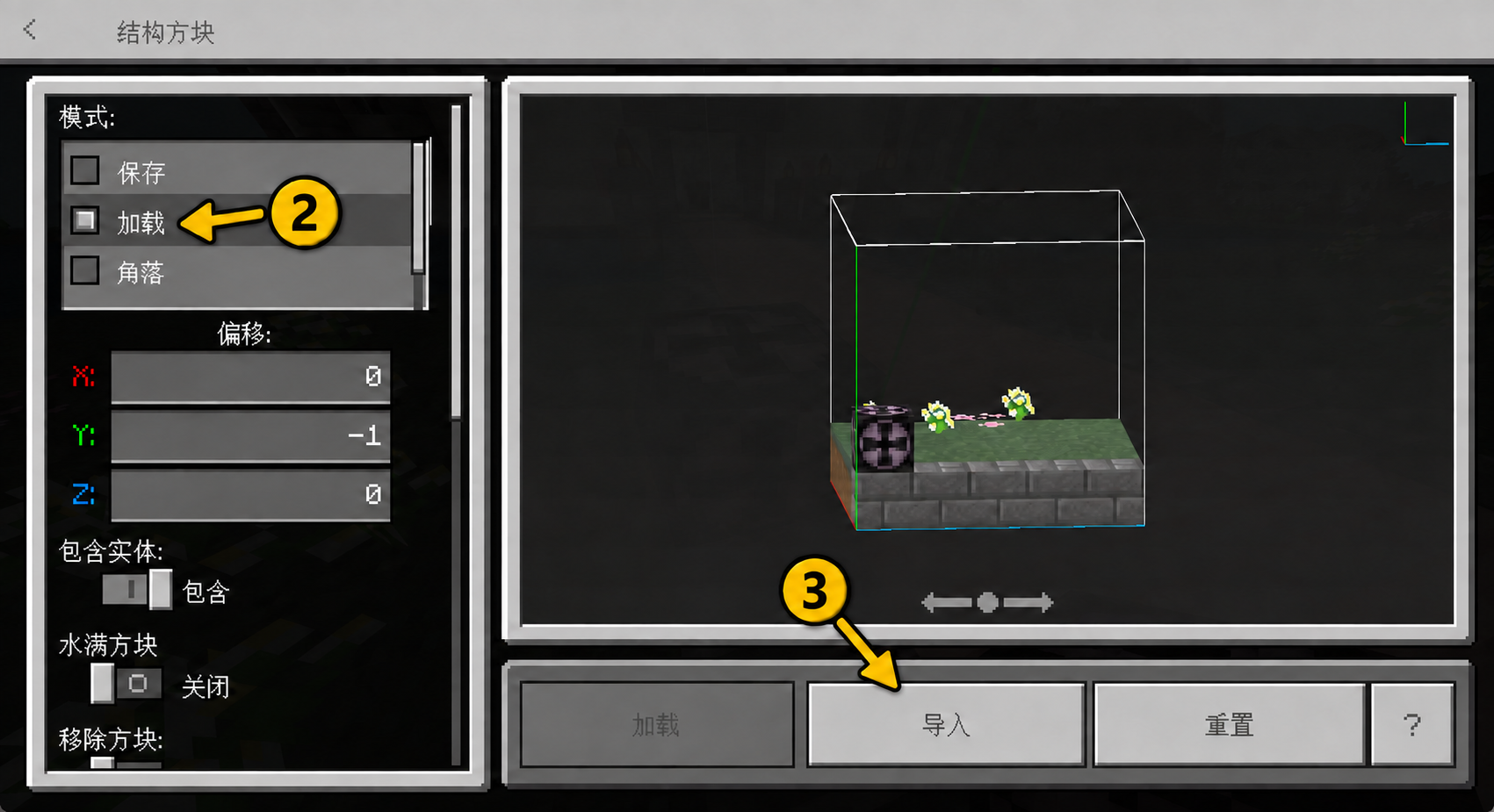 Structure block screen: arrow 2 points to Load mode and arrow 3 to Import